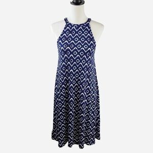 NWT LOFT Navy White Ikat Batik Geo Halter Swing Dress • Size S • Style 542536